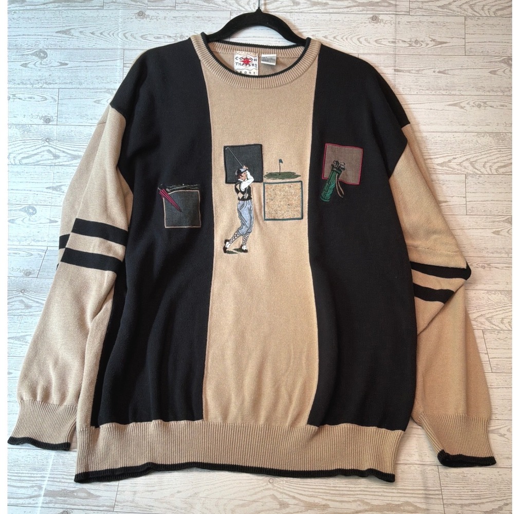 Cotton Traders Sport Sweater‎ Mens L Tan Black Embroidered Golf Vintage 90s Knit